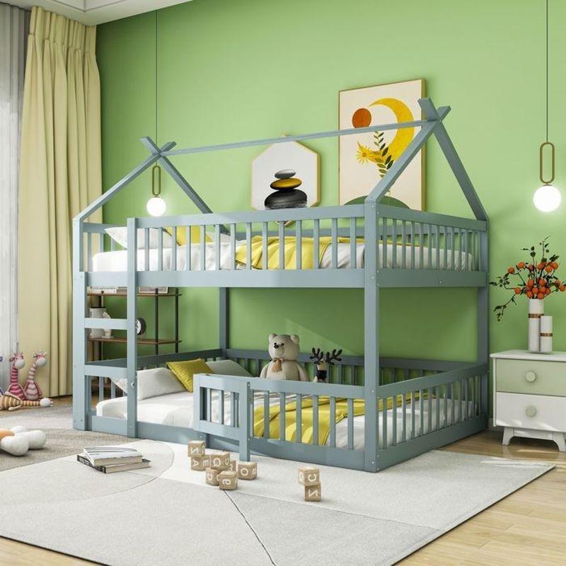 Gri Masif Ahşap Çatılı ve Merdivenli Montessori Ranza - 140x200 cm - 125431