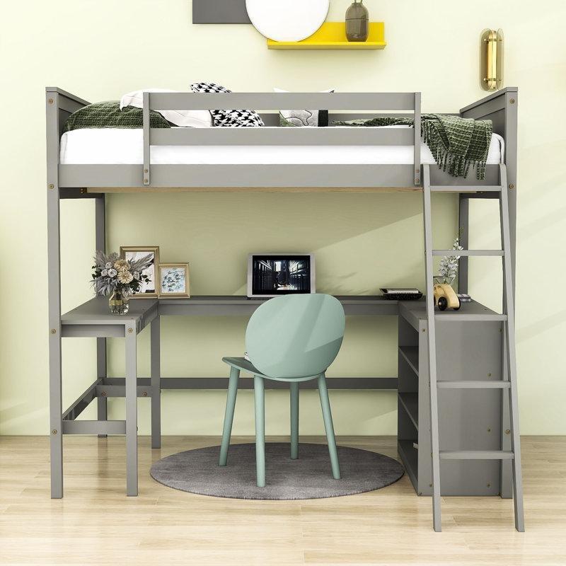 Gri Masif Ahşap ve MDF Çalışma Masalı Raflı Ranza - 200x154x175 cm - 124356