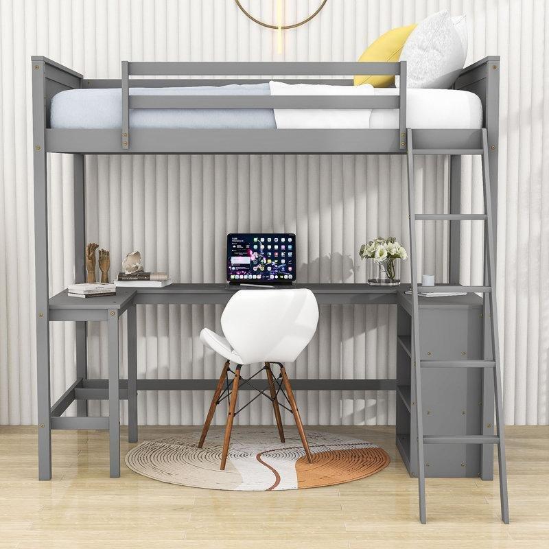 Gri Masif Ahşap ve MDF Çalışma Masalı Raflı Ranza - 200x154x175 cm - 124356