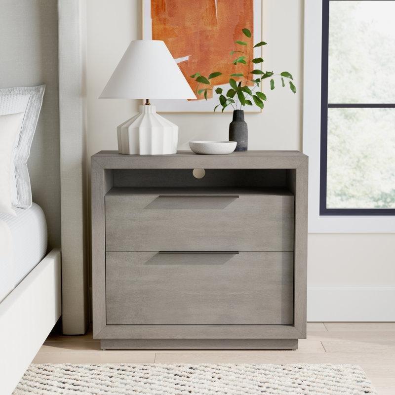 Gri Masif Akasya ve Endüstriyel Ahşap İki Çekmeceli Raflı Komodin - 82x74 cm - 127556