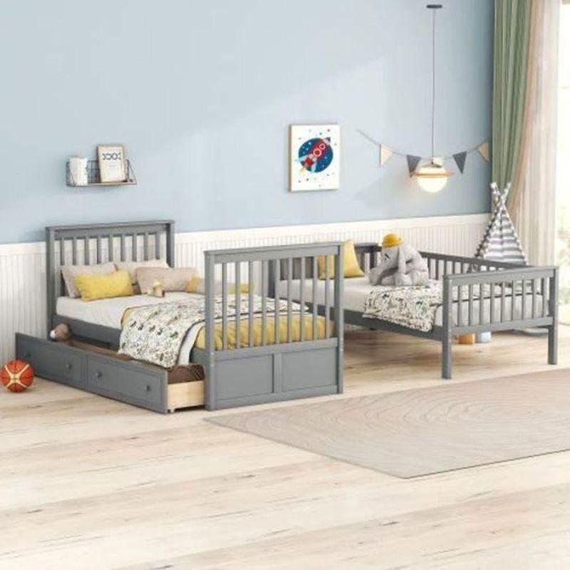Gri Masif Çam Ahşap Ayrılabilir ve Çekmeceli Ranza - 90x200 cm - 125455