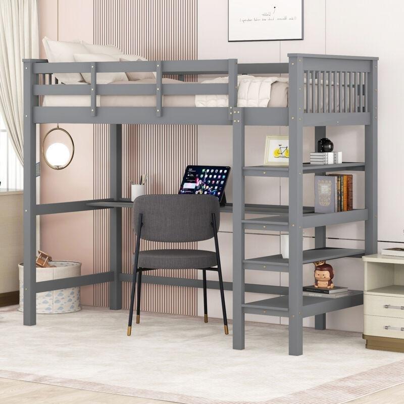 Gri Masif Çam Çalışma Masalı ve Kitaplıklı Ranza - 90x200 cm - 124909
