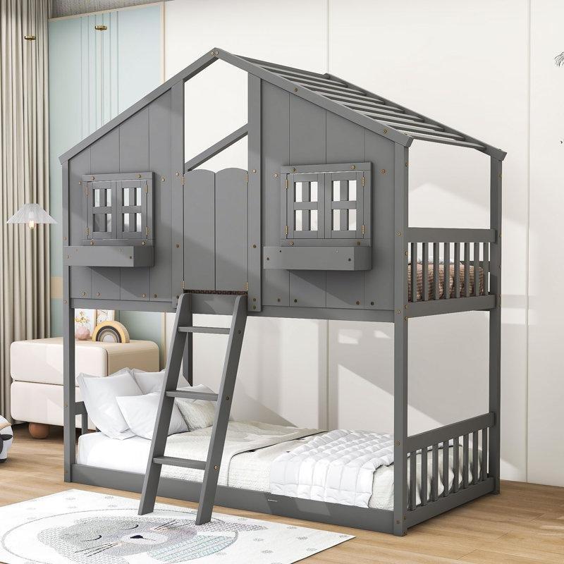 Gri Masif Çam Ev Tasarımlı Pencereli Montessori Ranza - 107x208 cm - 124128