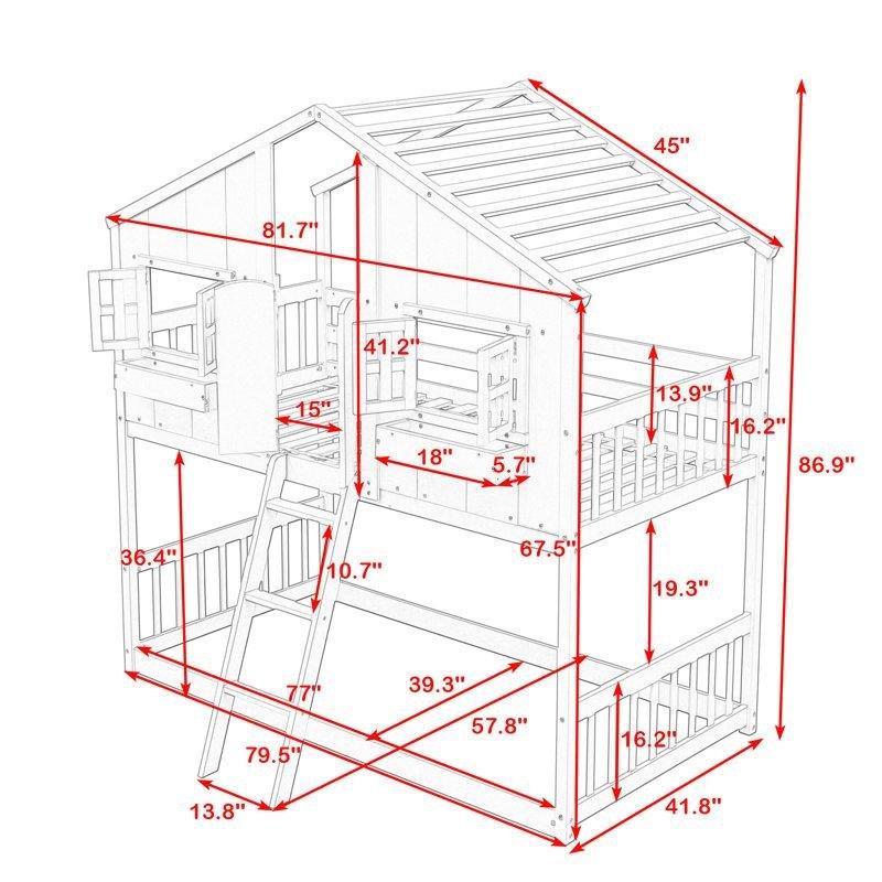 Gri Masif Çam Ev Tasarımlı Pencereli Montessori Ranza - 107x208 cm - 124128