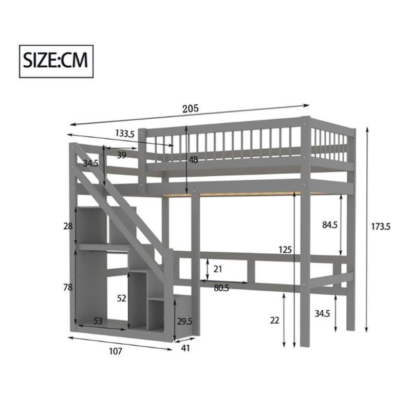 Gri Masif Çam ve Endüstriyel Ahşap Depolama Merdivenli Altı Boş Ranza - 90x200 cm - 125734