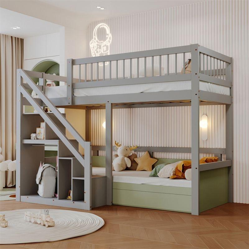 Gri Masif Çam ve Endüstriyel Ahşap Depolama Merdivenli Altı Boş Ranza - 90x200 cm - 125734