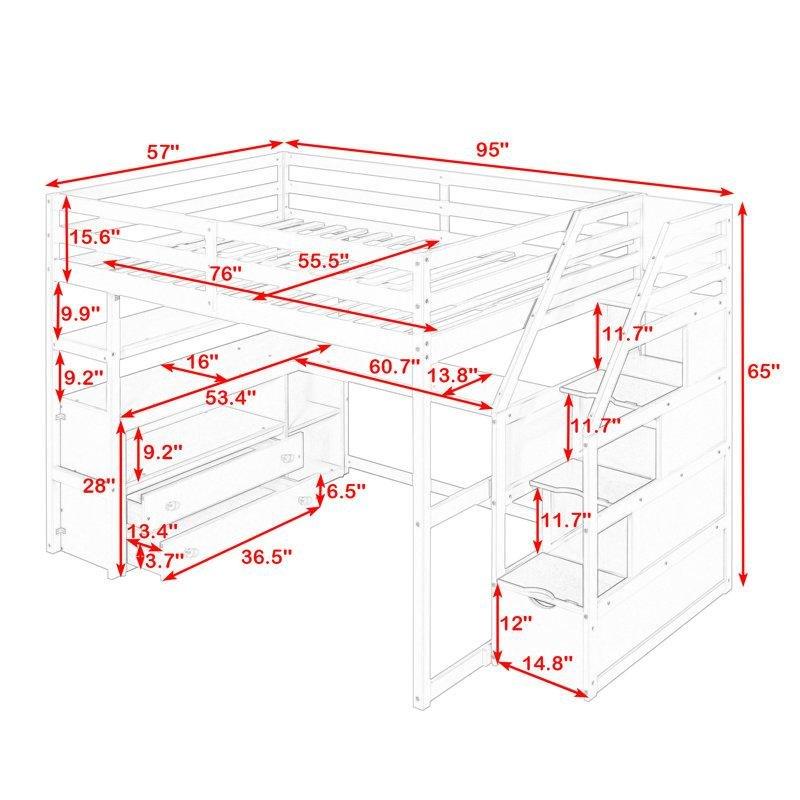 Gri Masif Çam ve MDF Çalışma Masalı Depolama Merdivenli Ranza - 145x242 cm - 124296