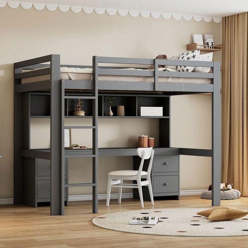 Gri Masif Çam ve MDF Çalışma Masalı Kitaplıklı Ranza - 90x200 cm - 125782