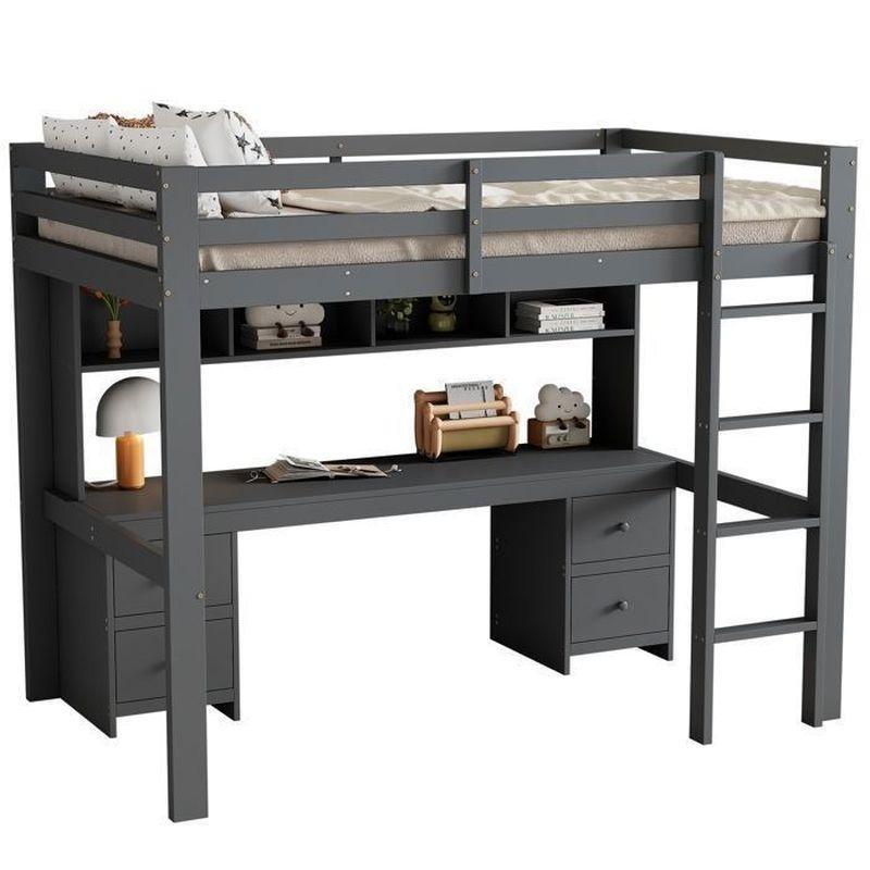 Gri Masif Çam ve MDF Çalışma Masalı Kitaplıklı Ranza - 90x200 cm - 125782
