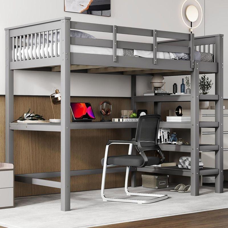 Gri Masif Çam ve MDF Çalışma Masalı Raflı Ranza - 90x200 cm - 125827