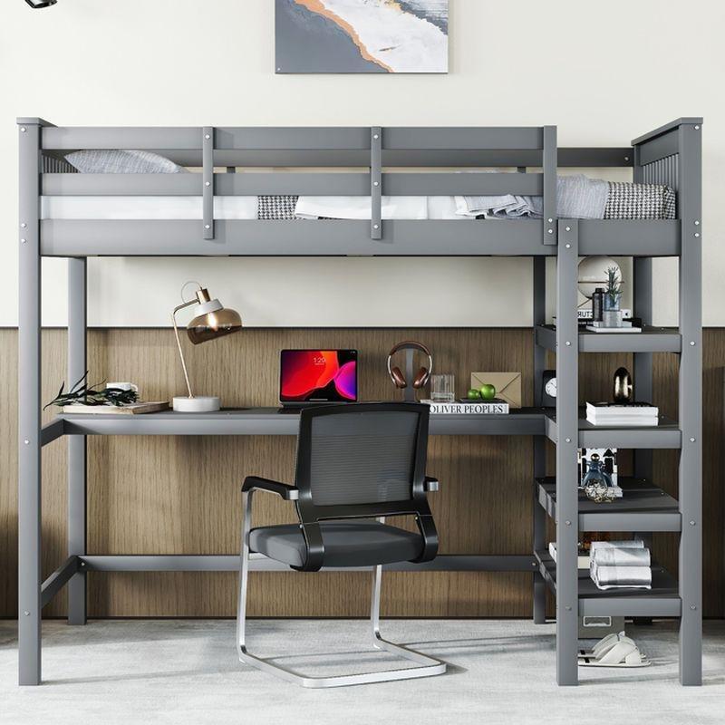 Gri Masif Çam ve MDF Çalışma Masalı Raflı Ranza - 90x200 cm - 125827