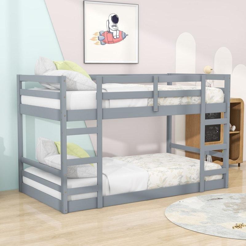 Gri Masif Çam ve MDF Çift Merdivenli Çocuk Ranza - 109x200 cm - 124593