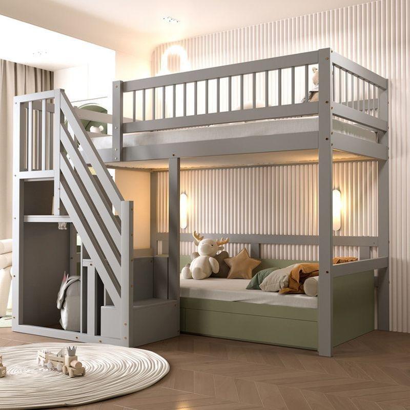 Gri Masif Çam ve MDF Entegre Depolamalı Merdivenli Ranza - 90x200 cm - 125821