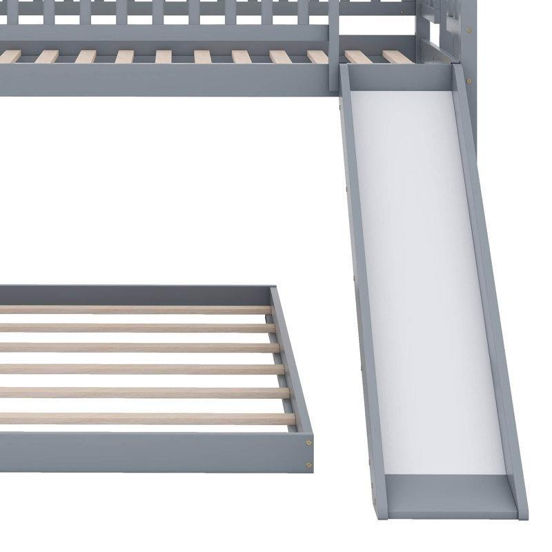 Gri Masif Çam ve MDF Ev Tipi Kaydıraklı Merdivenli Ranza - 107x202 cm - 124530