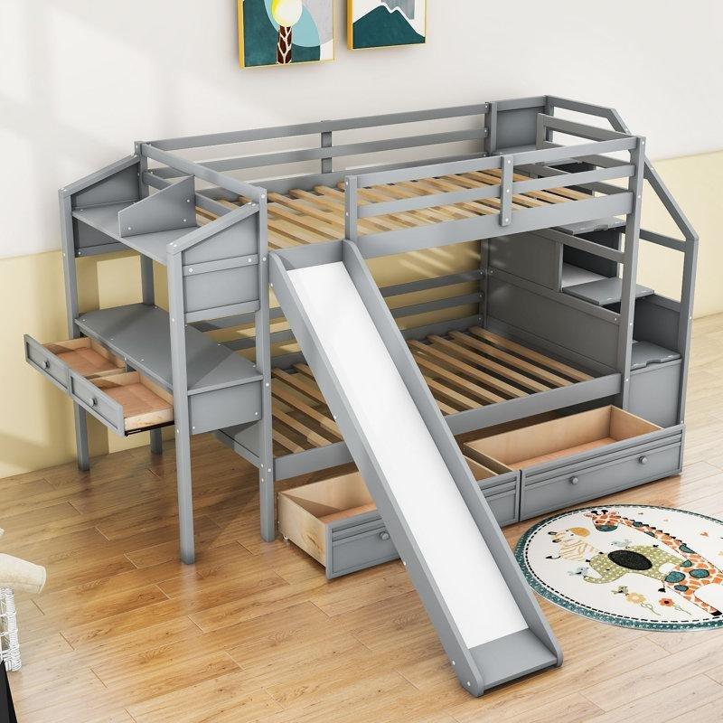 Gri Masif Çam ve MDF Kaydıraklı Çalışma Masalı Merdivenli Ranza - 109x277 cm - 124449