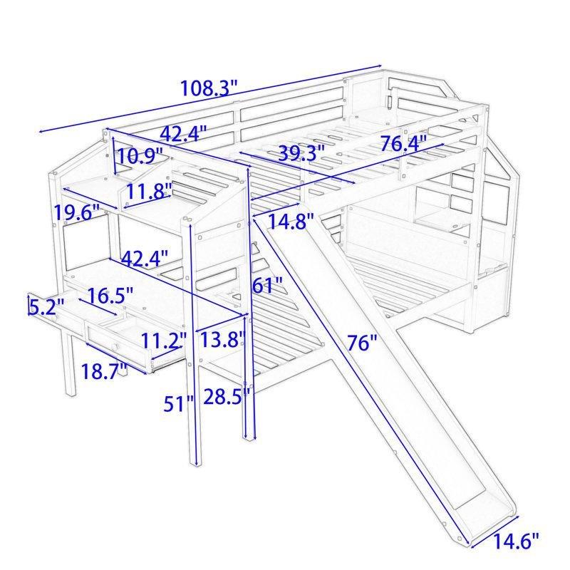 Gri Masif Çam ve MDF Kaydıraklı Çalışma Masalı Merdivenli Ranza - 109x277 cm - 124449