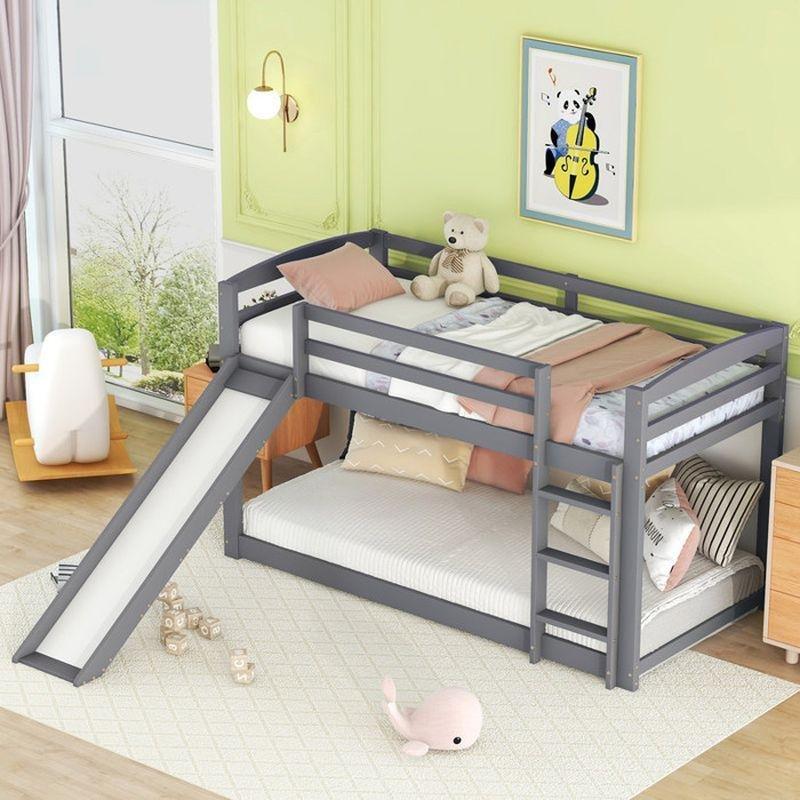 Gri Masif Çam ve MDF Kaydıraklı Çocuk Ranza - 90x200 cm - 125503
