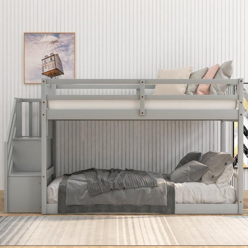 Gri Masif Çam ve MDF Merdivenli Raflı Montessori Ranza - 108x230 cm - 124611