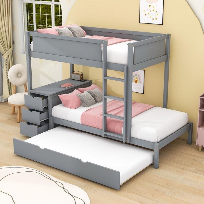 Gri Masif Çam ve MDF Yavru Yataklı Çalışma Masalı USB Girişli 3 Çekmeceli Ranza - 147x242x167 cm - 124440