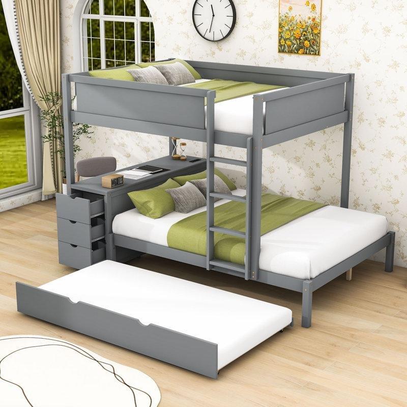 Gri Masif Çam ve MDF Yavru Yataklı Çalışma Masalı USB Girişli 3 Çekmeceli Ranza - 147x242x167 cm - 124440