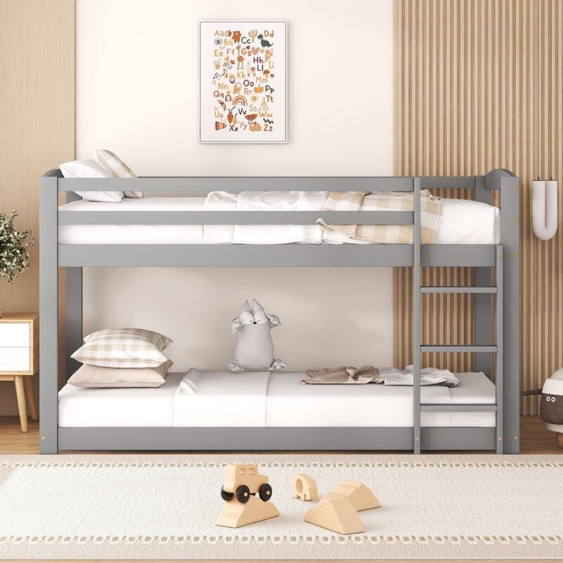 Gri Masif Çam Zemin Yataklı Korumalı Ranza - 95x200x118 cm - 125149