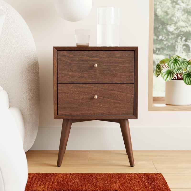 Gri Masif ve Endüstriyel Ahşap 2 Çekmeceli Konik Ayaklı Komodin - 46x39x67 cm - 127502