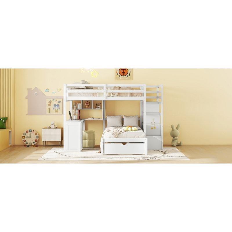Gri Masif ve Endüstriyel Ahşap Çalışma Masalı Merdivenli Çekmeceli L Ranza - 249x204x165 cm - 124248