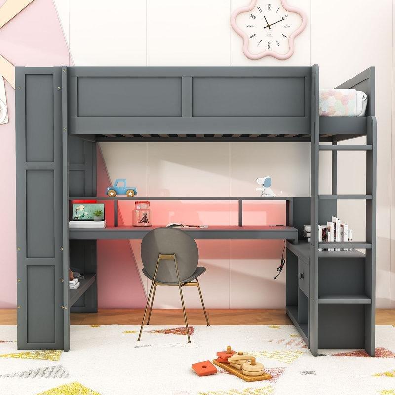Gri Masif ve MDF Ahşap Çalışma Masalı USB Portlu ve Raflı Ranza - 166x221 cm - 124338