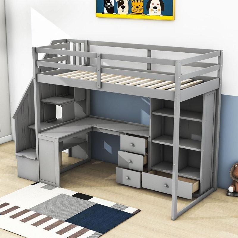 Gri Masif ve MDF Ahşap L Masalı Merdivenli Depolama Alanlı Ranza - 107x237 cm - 124347