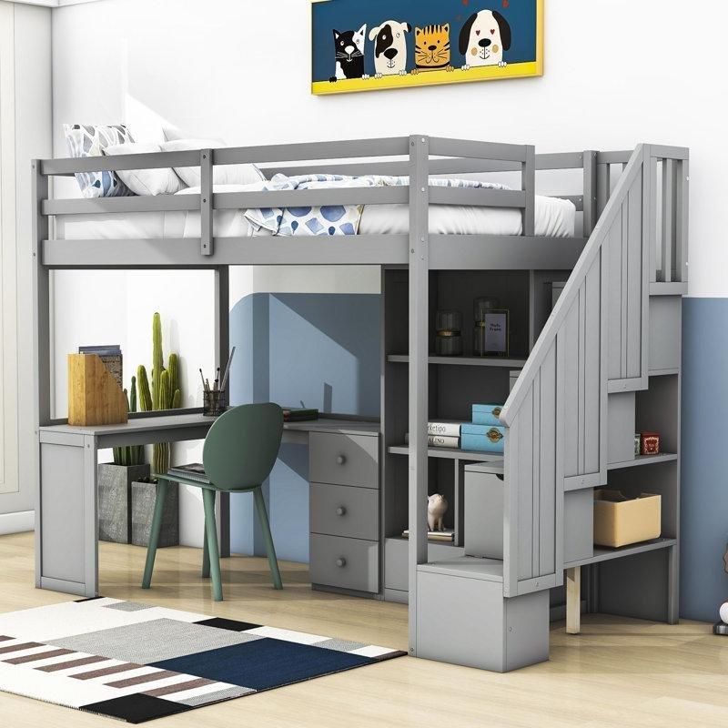 Gri Masif ve MDF Ahşap L Masalı Merdivenli Depolama Alanlı Ranza - 107x237 cm - 124347