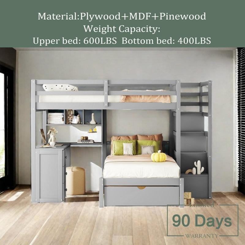 Gri Masif ve MDF Çalışma Masalı Merdivenli Çekmeceli Ranza - 249x204 cm - 124458