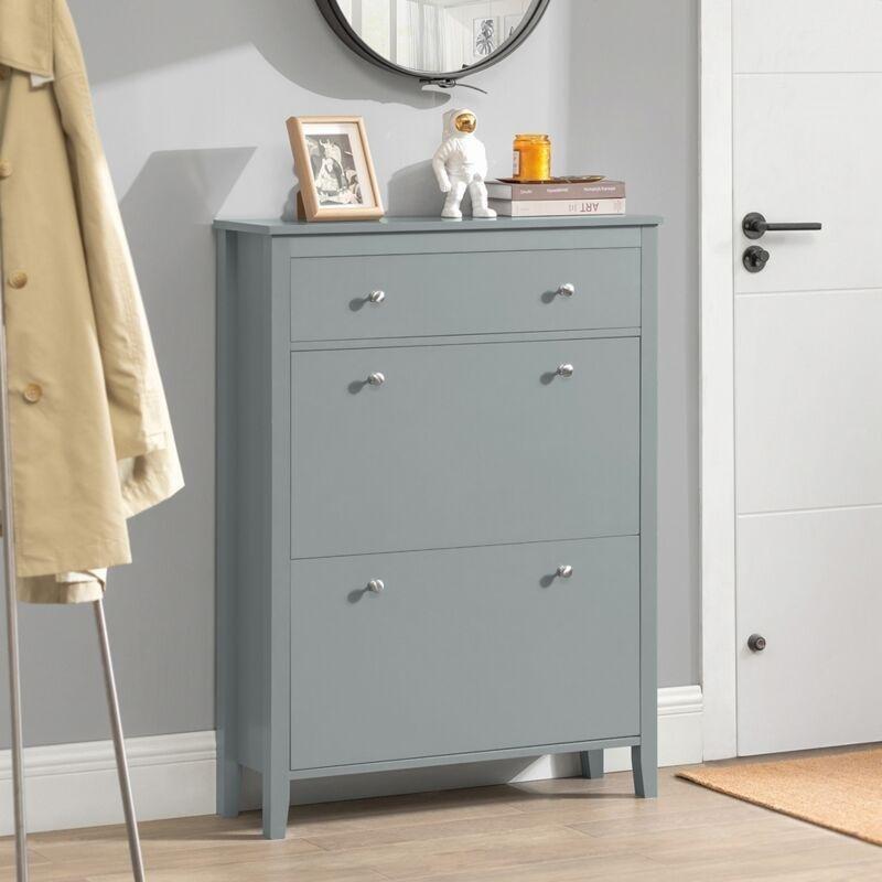Gri MDF 2 Düşer Kapaklı ve Çekmeceli Ayakkabılık - 80x25x108 cm - 120347