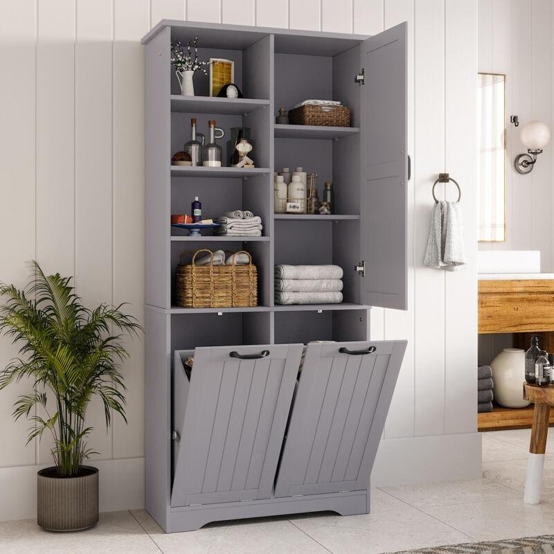Gri MDF Ayarlanabilir Raflı Çift Kirli Sepetli Banyo Dolabı-78x35x173 cm - 113555