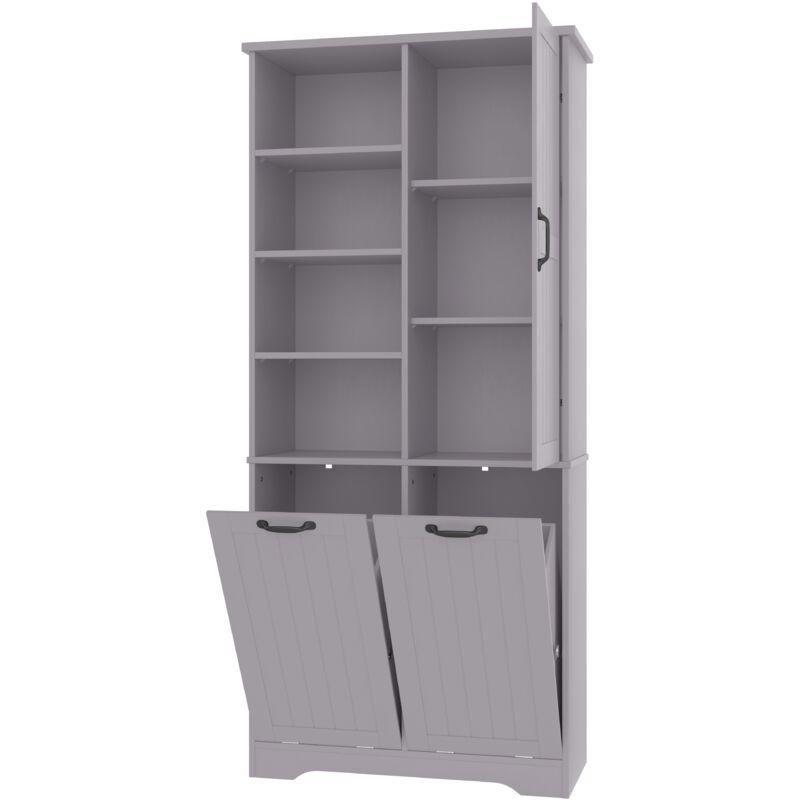 Gri MDF Ayarlanabilir Raflı Çift Kirli Sepetli Banyo Dolabı-78x35x173 cm - 113555