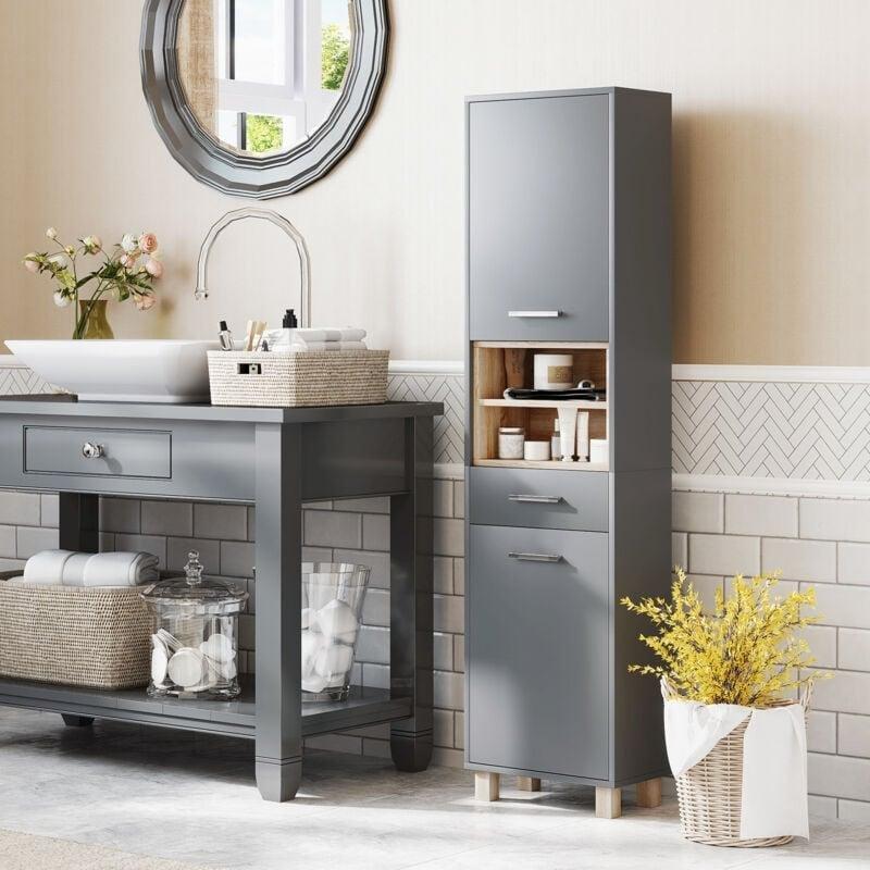 Gri MDF Çekmeceli Raflı Banyo Dolabı-40x24x160 cm - 113863