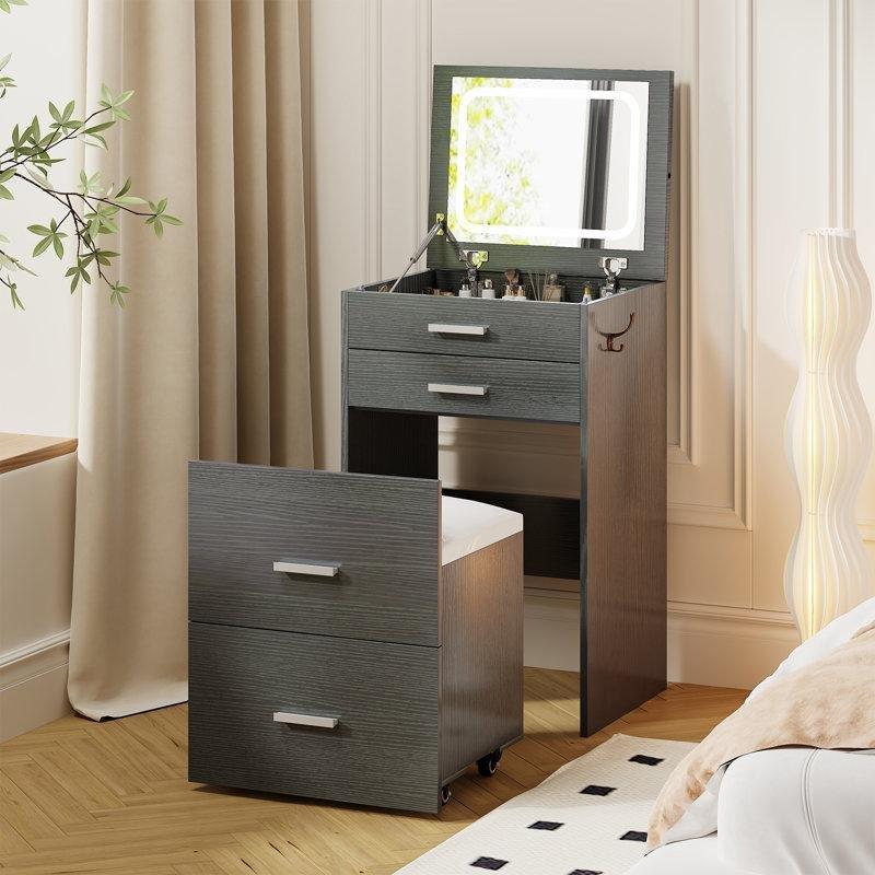 Gri MDF Işıklı Katlanır Aynalı ve Çekmeceli Puf Dahil Makyaj Masası - 50x41x120 cm - 121624