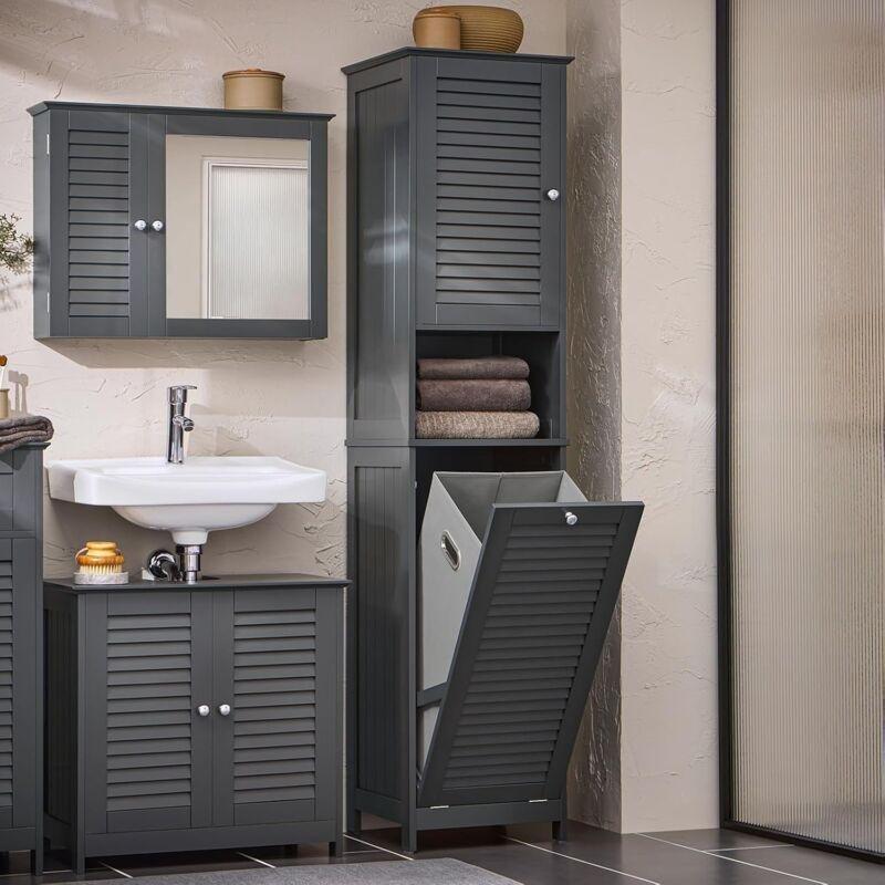 Gri MDF Kirli Sepetli Raflı Banyo Dolabı-40x37x170 cm - 113812