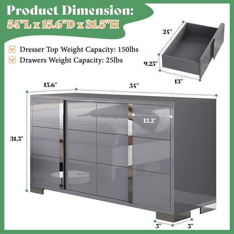 Gri MDF Parlak Yüzeyli Gümüş Kulp Detaylı 6 Çekmeceli Şifonyer - 138x40x81 cm - 123001
