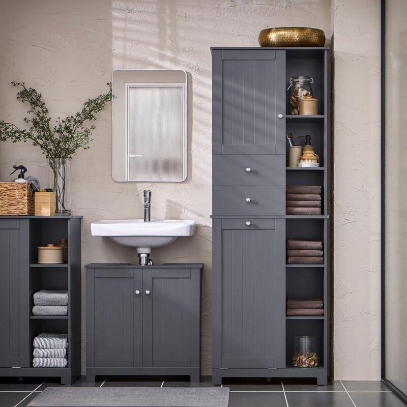 Gri MDF Raflı Kirli Sepetli Banyo Dolabı-60x37x170 cm - 113732