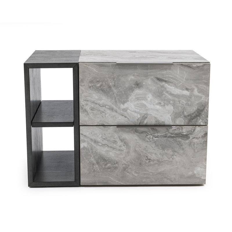 Gri Mermer Desenli Ahşap İki Çekmeceli Raflı Komodin - 67x41x46 cm - 128005