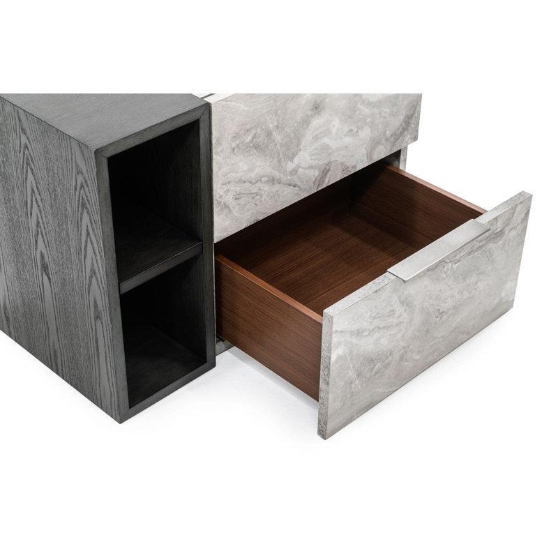 Gri Mermer Desenli Ahşap İki Çekmeceli Raflı Komodin - 67x41x46 cm - 128005