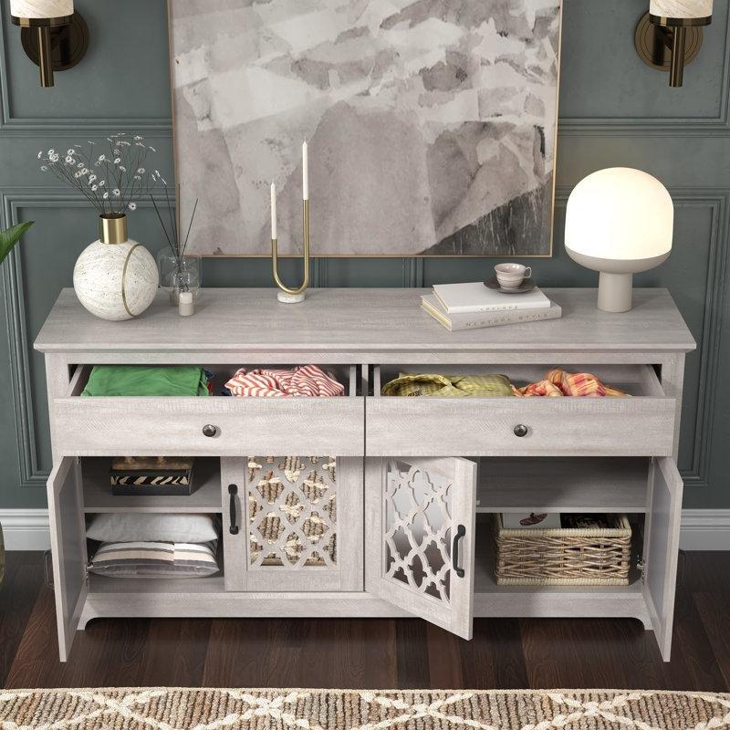 Gri Meşe Endüstriyel Ahşap 4 Kapaklı 2 Çekmeceli Aynalı Konsol - 150x40x75 cm - 128884