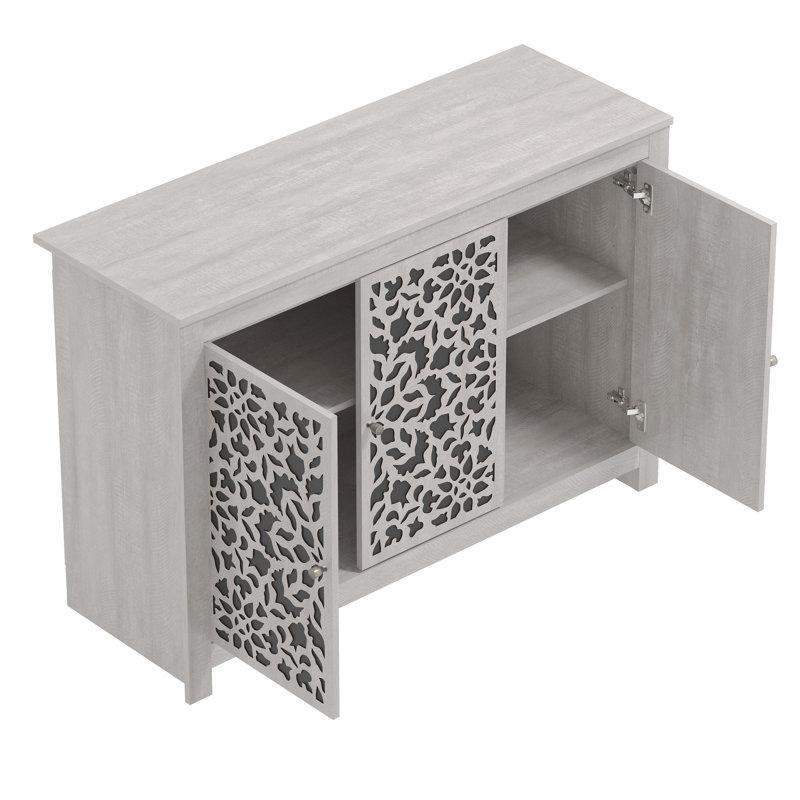 Gri Meşe Endüstriyel Ahşap Oymalı Kapaklı Konsol - 113x40x77 cm - 128806