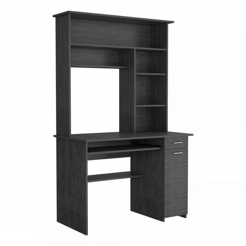 Gri Meşe Görünümlü Yonga Levha Klavyelikli Dolaplı Raflı Bilgisayar Masası-111x58x180 cm - 116568
