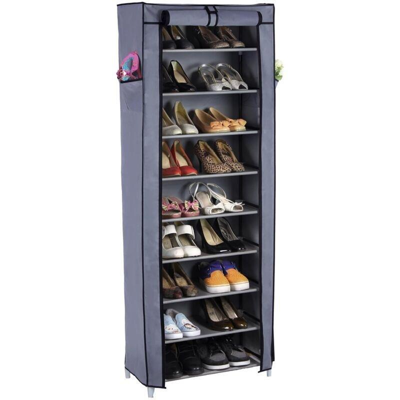 Gri Metal Profilli 10 Raflı Fermuarlı Bez Ayakkabılık - 58x28x160 cm - 120372