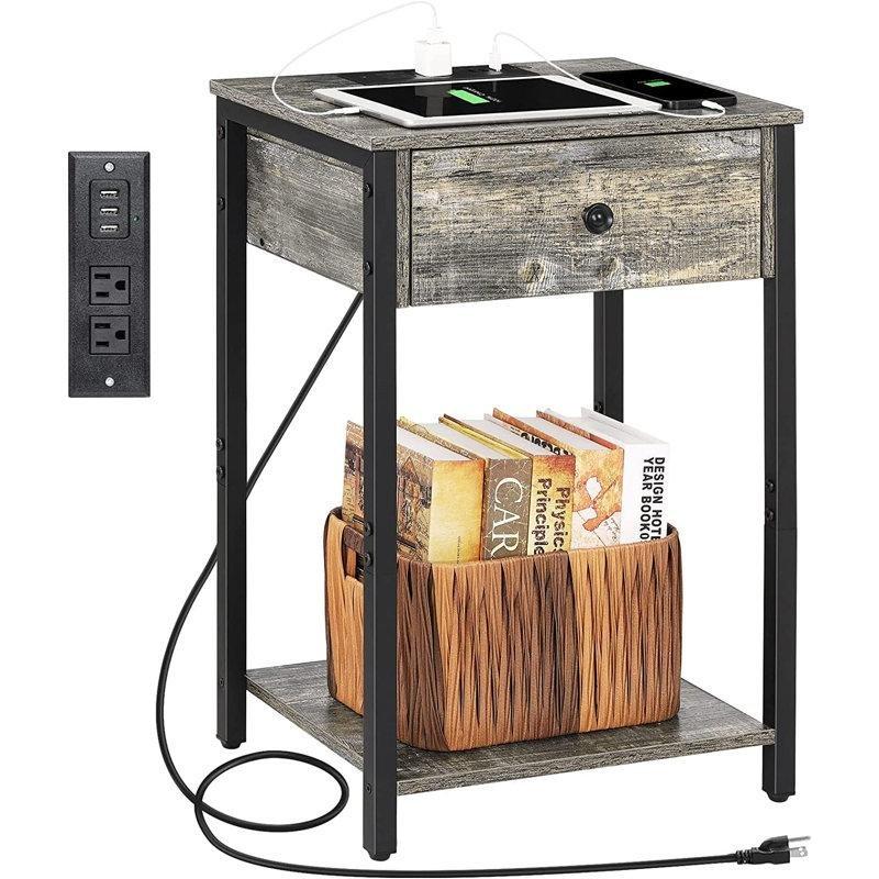 Gri Metal ve Endüstriyel Ahşap Şarj İstasyonlu Ferforje Komodin - 41x61 cm - 127891