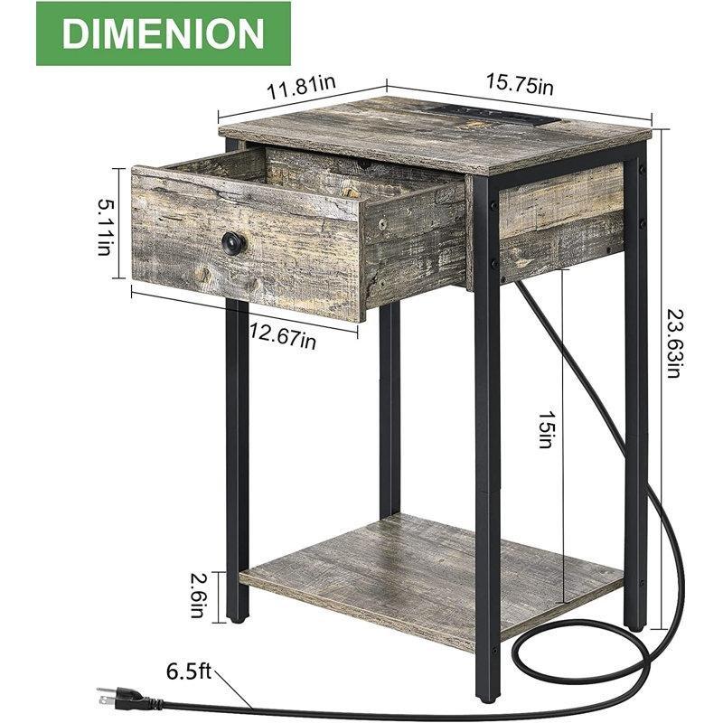 Gri Metal ve Endüstriyel Ahşap Şarj İstasyonlu Ferforje Komodin - 41x61 cm - 127891