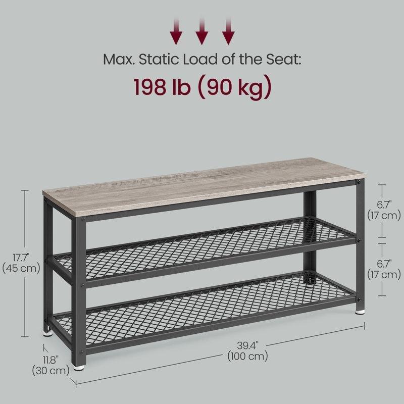 Gri Siyah Ahşap ve Metal Oturaklı Ferforje Ayakkabılık - 73x30x45 cm - 121123