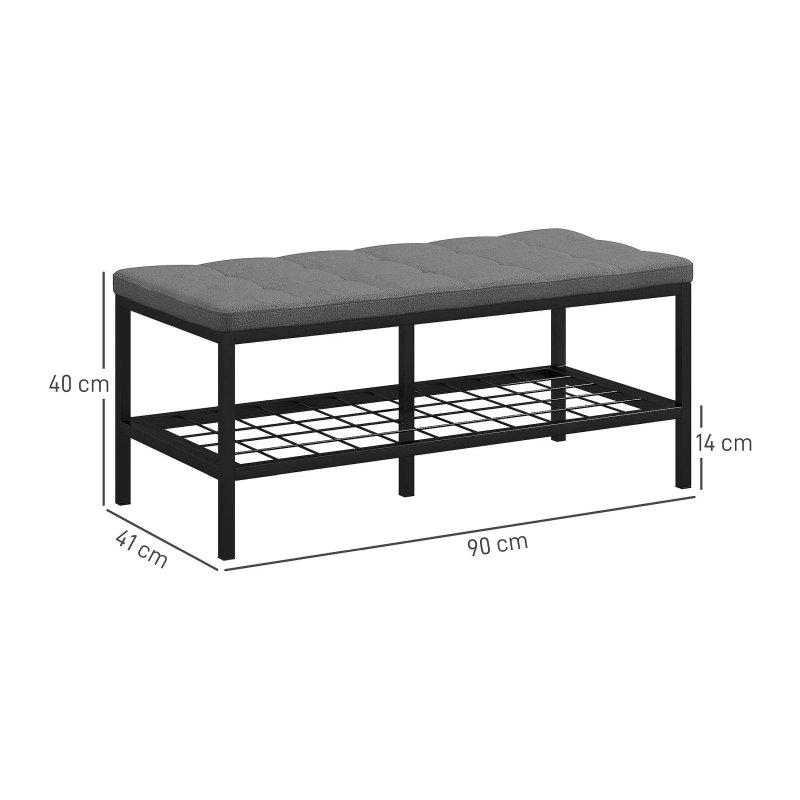 Gri Siyah Metal Keten Görünümlü Minderli Raflı Ayakkabılık - 90 x 41 x 40 cm - 118285