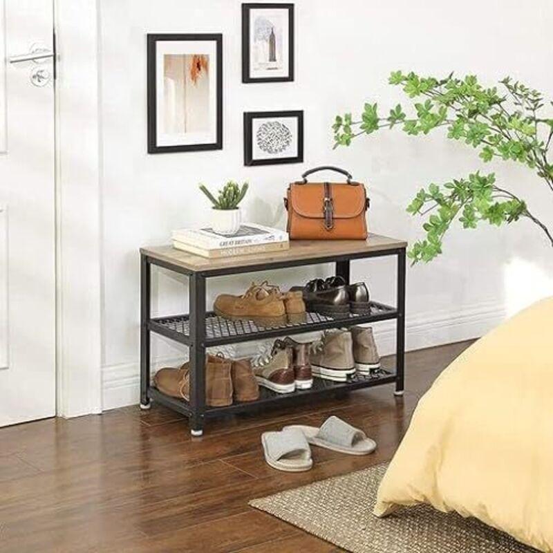 Gri Siyah Metal ve Ahşap 3 Katlı Oturaklı Ayakkabılık - 73x30x45 cm - 119488